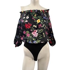 Valentine Floral Bodysuit Smocked Off Shoulder‎ Top Blouse S Base Layer Romantic